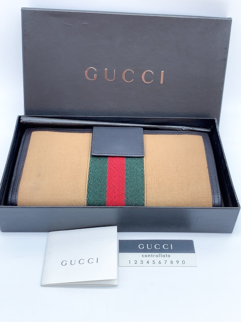 Gucci Tan Canvas Wallet with Green and Red Web Stripe